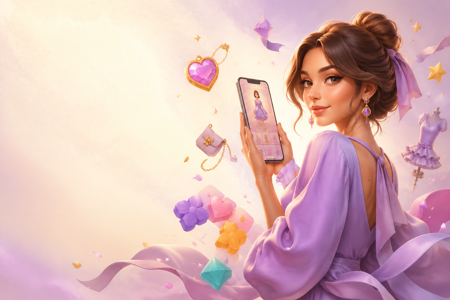 Elegant character holding a dress-up game on a phone